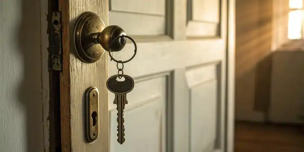 A key in a front door lock for someone locked out of their house and needing to know who to call.