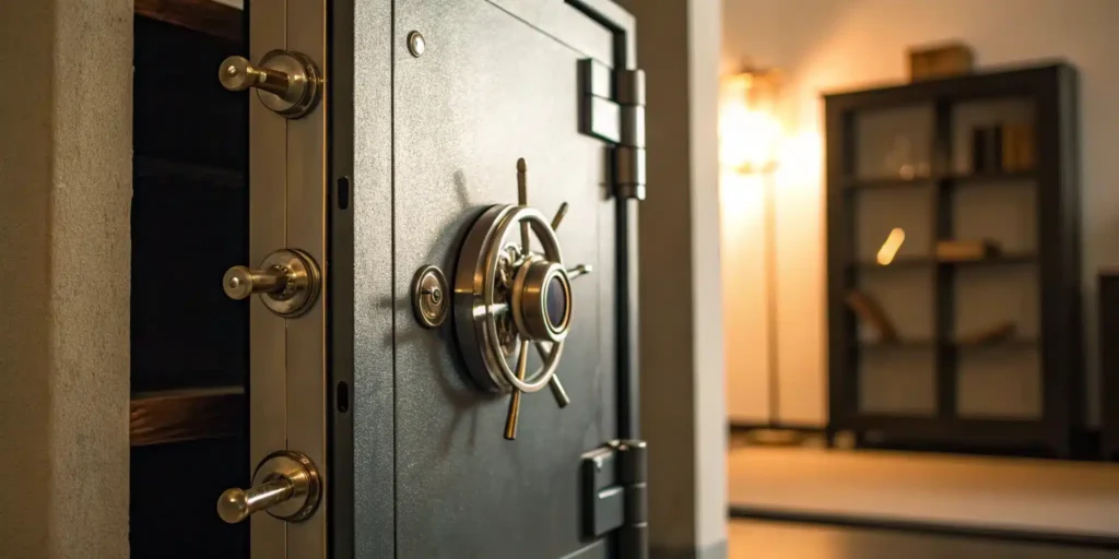 A heavy-duty safe door with locking bolts, a key factor in the locksmith safe opening cost.