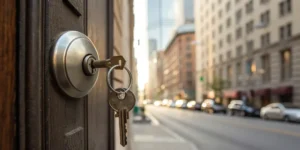 Rekey vs. change locks: Key in door lock.