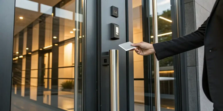 RFID card reader unlocking a secure door.