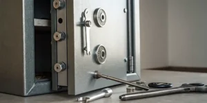 An open safe with locksmith tools used for professional safe services.