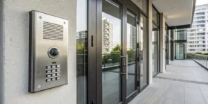 An intercom buzzer with a door release button for building security.