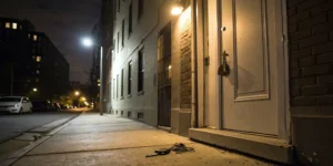Locked out of an apartment after hours with keys on the ground in front of the door.