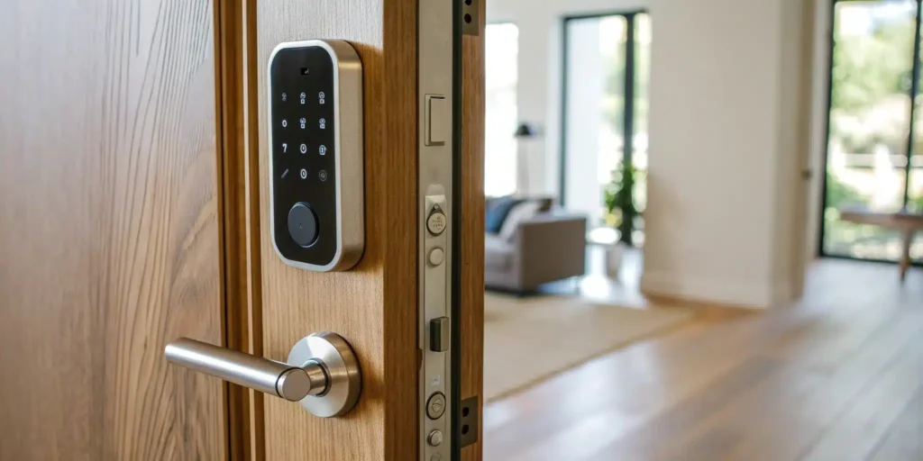 One of the best smart locks for apartments, installed on a front door with a sleek keypad.