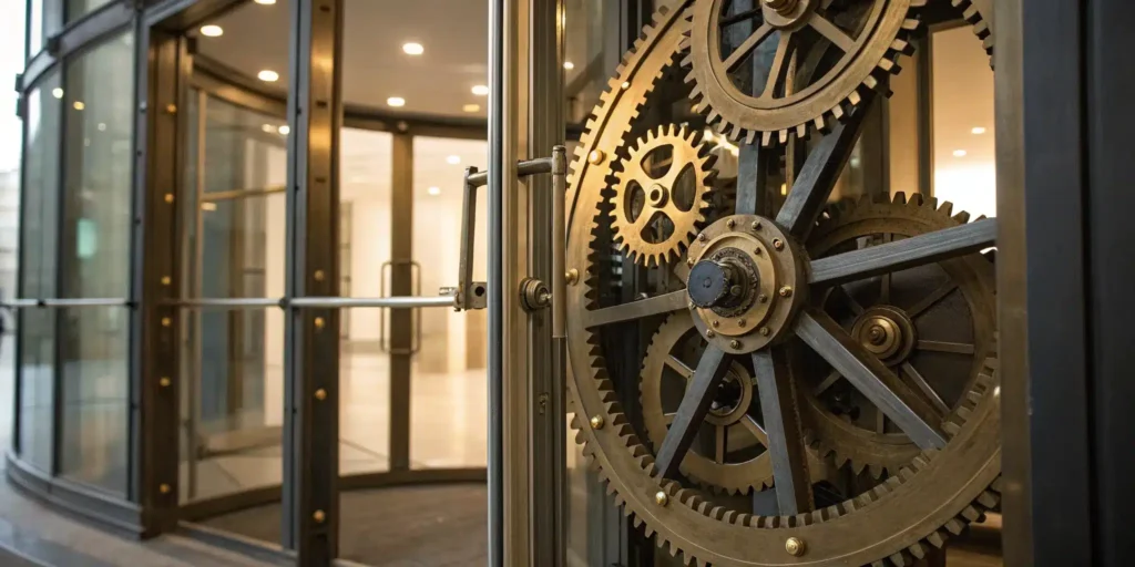 Close-up of the gears inside a revolving door locking mechanism for building security.