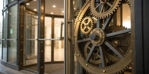 Close-up of the gears inside a revolving door locking mechanism for building security.