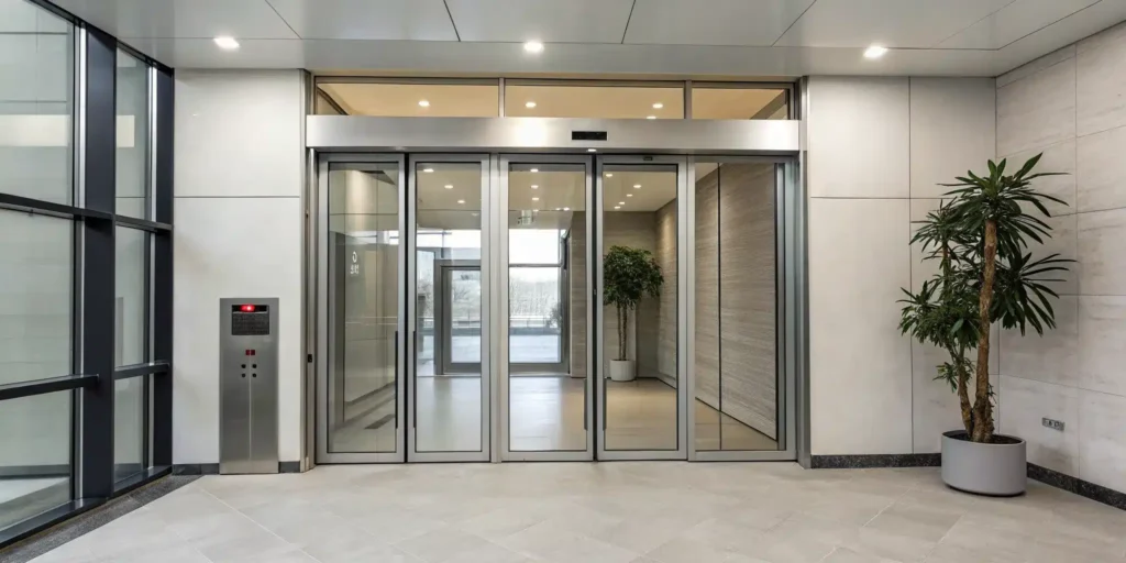 An automatic door closer with a sensor installed on a commercial glass door.