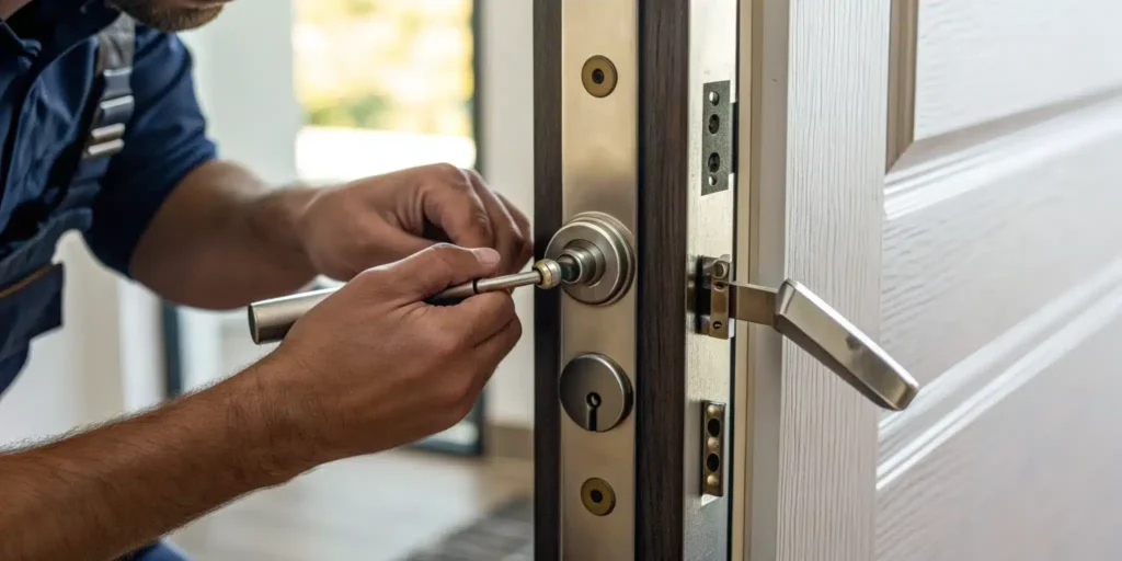 A professional repairing a door lock, a key factor in the total repair cost.