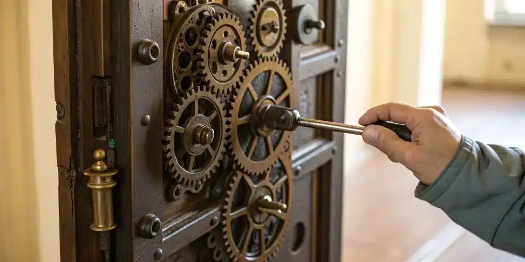 Hand turning the internal gears of a door latch mechanism.