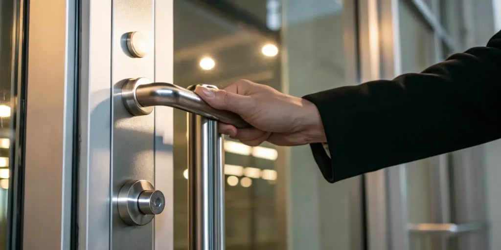 A person removing a Yale commercial door handle from a metal door.