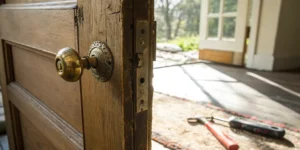 A door knob mid-removal from a door, with the necessary tools on the floor.
