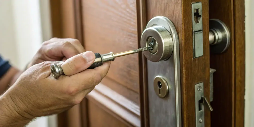 A person rekeying a door lock to change the keys instead of replacing the lock.