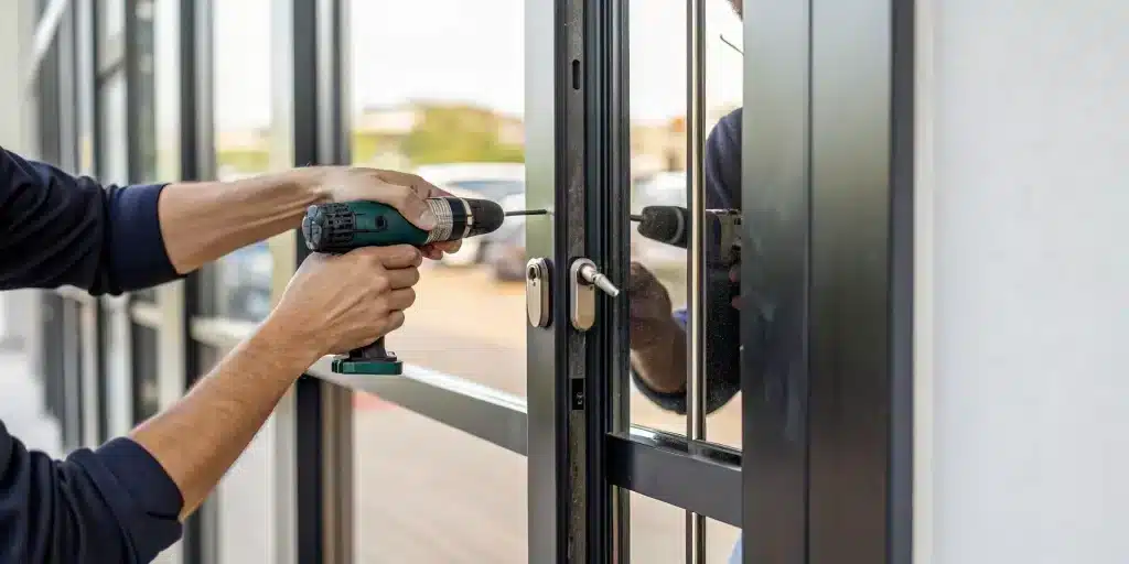 Commercial storefront door installation with a power drill securing the metal frame.