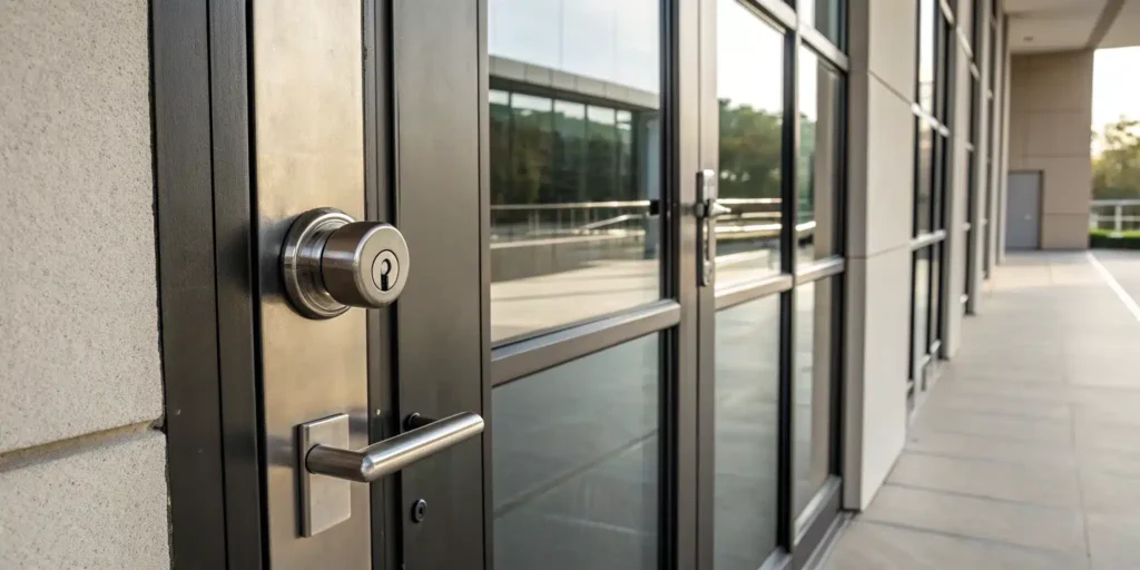 Heavy-duty commercial door lock with key securing a glass office entrance.