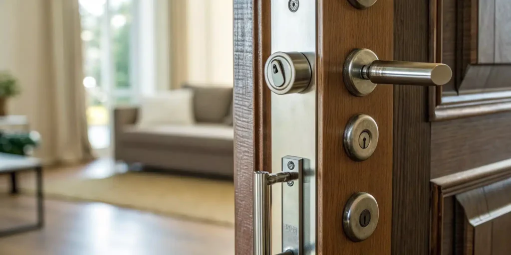 A secure wooden apartment door with the best locks, including multiple deadbolts and a modern handle.