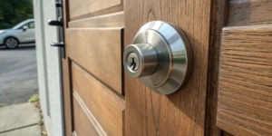 A secure lift up door lock mechanism with a handle on a wooden door.