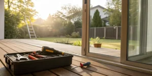 A toolbox and screwdriver on a deck for fixing a leaky sliding patio door.