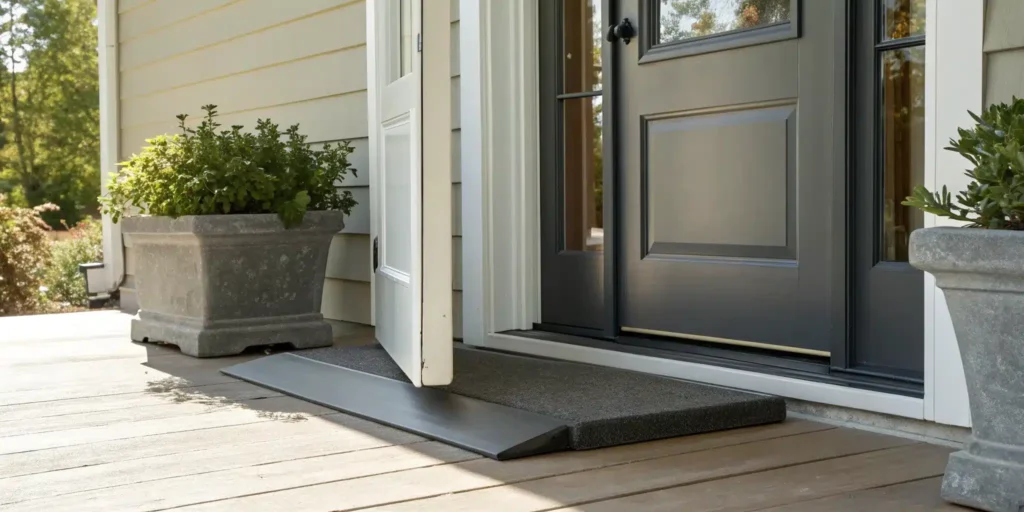 Using a wedge door stop to keep an exterior door open safely on a porch.