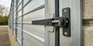 A heavy-duty garage door lock with a sturdy metal latch and key, providing professional-grade security.