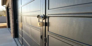 The Liftaway garage door lock installed on a closed garage door.