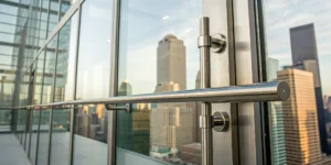 A panic bar on a commercial exit door, meeting NYC building code requirements.