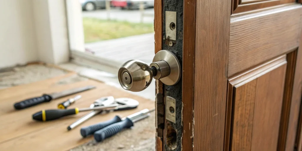 A broken door with an exposed lock and tools for a professional repair service.