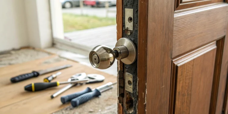 A broken door with an exposed lock and tools for a professional repair service.