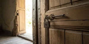 A wooden door that can't be opened because of its broken latch.