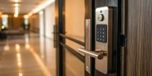 A high-security lock with a digital keypad installed on an apartment door for renters.