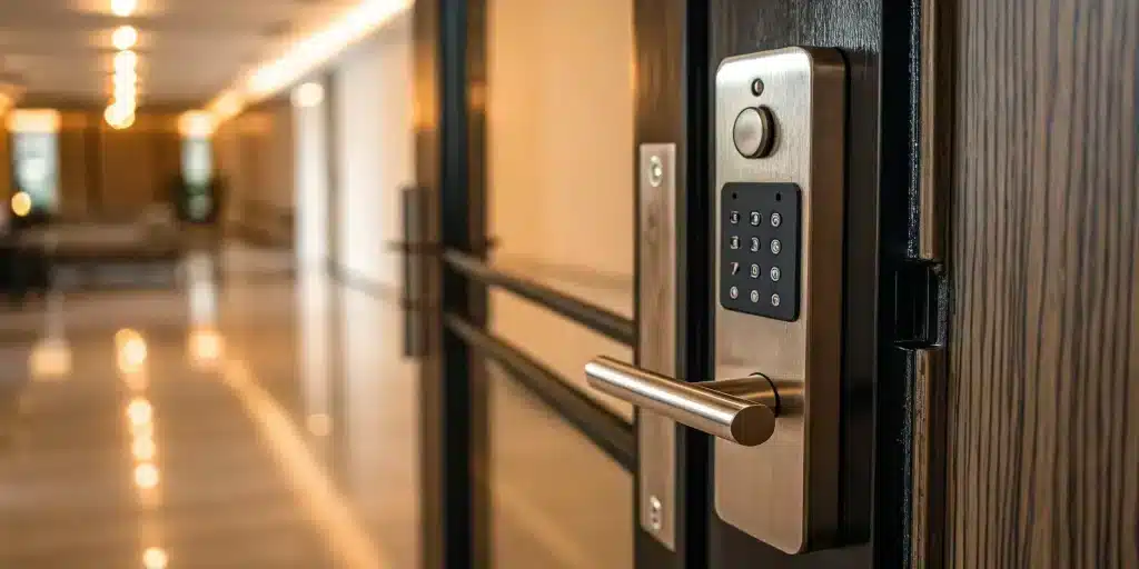 A high-security lock with a digital keypad installed on an apartment door for renters.