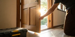 A wooden door that has to be pushed to close due to a misalignment problem.