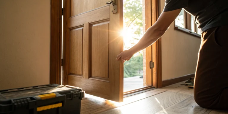 A wooden door that has to be pushed to close due to a misalignment problem.