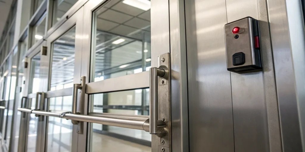 A push-style panic bar exit device on a commercial glass door.