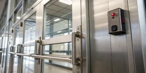 A push-style panic bar exit device on a commercial glass door.