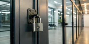 A high security lock installed on a glass office door, one of the best locks for business security.