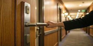 A hand pushing a panic bar on an exit door, a key part of the cost of panic bar installation.