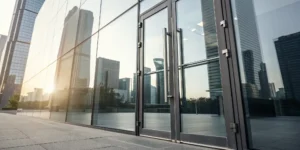 Commercial glass door installation in modern office building.