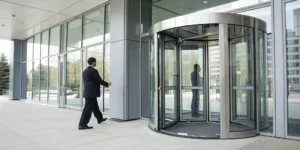 A commercial revolving door in a modern NYC building requiring professional repair.