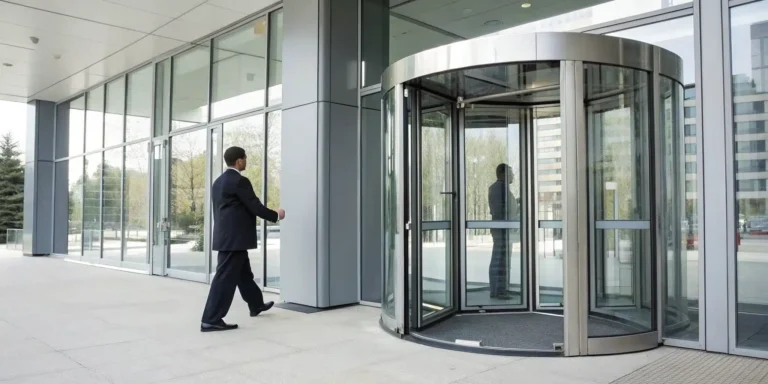 A commercial revolving door in a modern NYC building requiring professional repair.