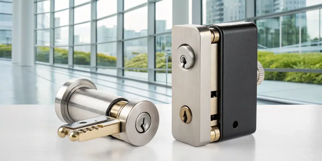 Mul-T-Lock vs Medeco high-security lock cylinders in a side-by-side comparison.