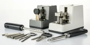 A high-security Mul-T-Lock key with the specialized machinery required for its restricted duplication.