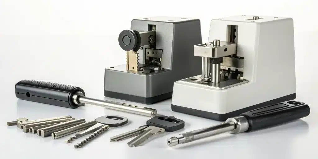 A high-security Mul-T-Lock key with the specialized machinery required for its restricted duplication.