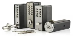 A Mul-T-Lock high security key and lock system known for its patented key control.