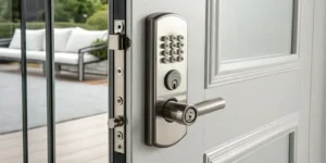 A complete Medeco lock installation on a white door.