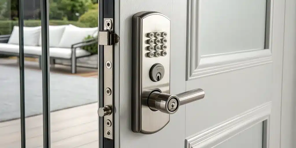A complete Medeco lock installation on a white door.