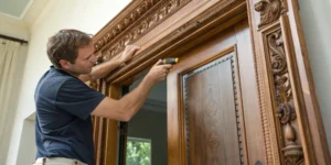 A person fitting a new fire door into an existing old wooden frame.