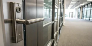 Secure commercial push bar door lock.