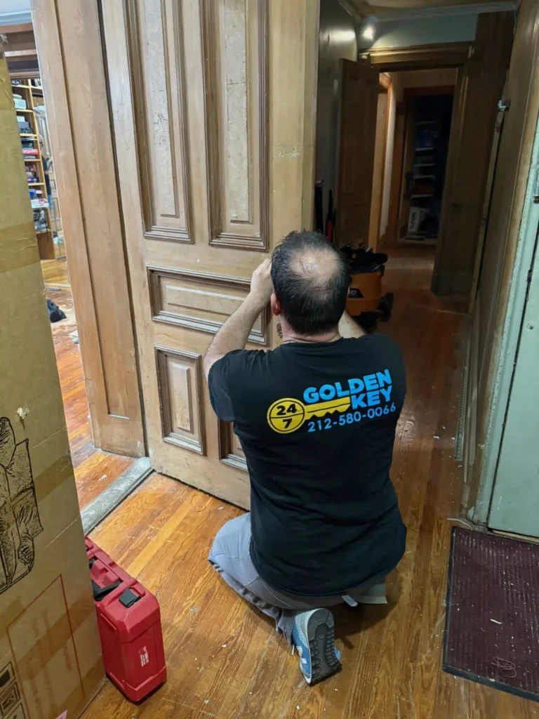 Golden Key Locksmith NYC technician installing hardware on a solid wood fire-rated door