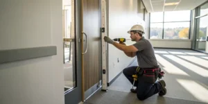 Certified fire door installer fitting hardware on a commercial-grade fire door.