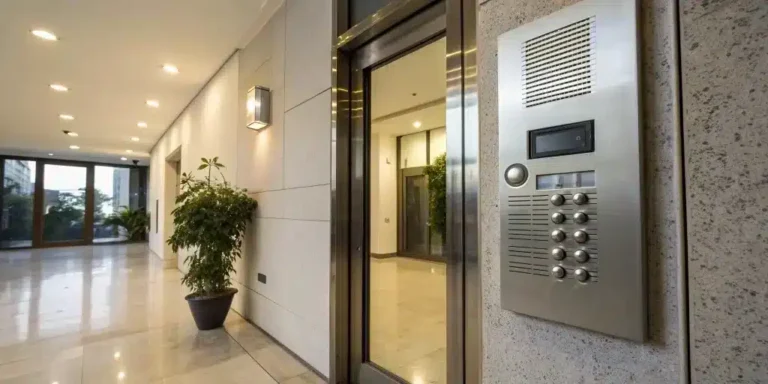 A modern apartment intercom with a keypad and speaker used to call residents and gain entry.